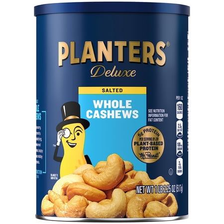 PLANTERS Deluxe Salted Whole Cashews, Party Snacks, Plant Based Protein, 18.25 oz Steel Can