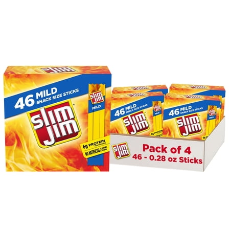 (4 pack) Slim Jim Smoked Jerky Snack Sticks, Mild Flavor, 6g Protein Per Serving, Lunchbox Snacks, 0.28 oz. (46-Count)