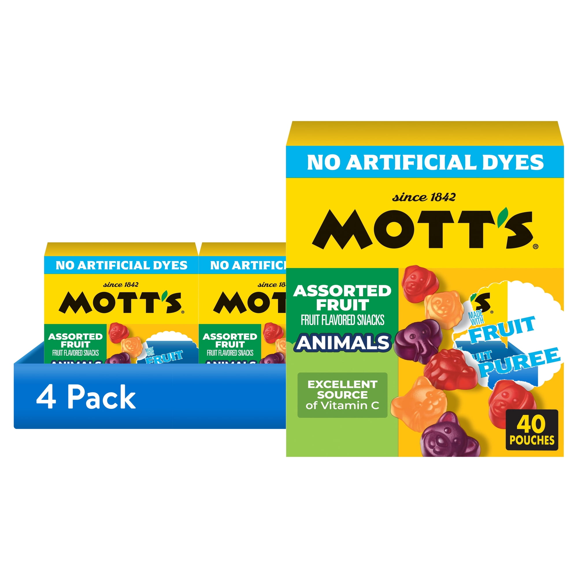 (4 pack) Mott's Assorted Animal Shapes Fruit Flavored Snacks, Made with Real Fruit Puree (40 Pack)