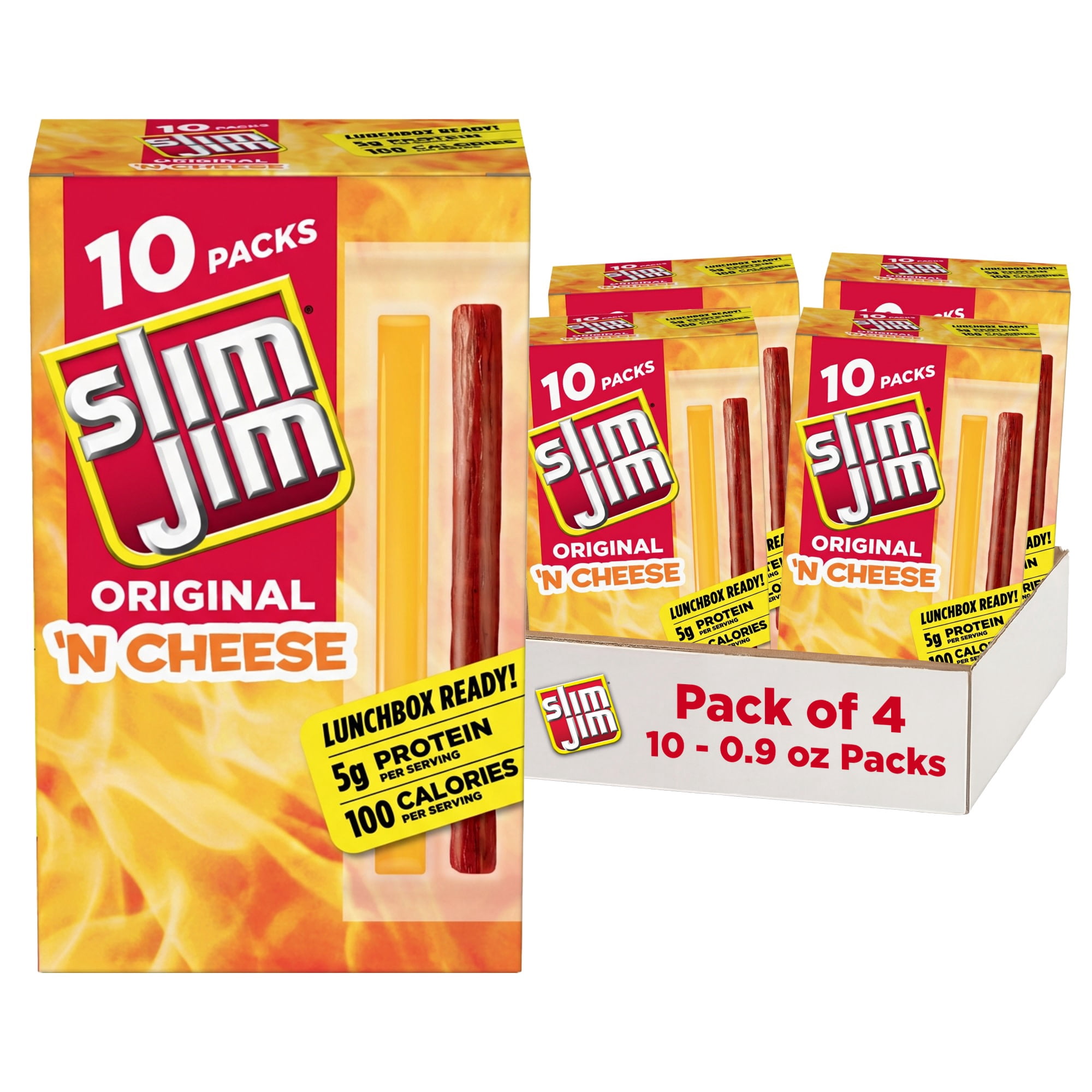 (4 pack) Slim Jim Beef 'N Cheese Smoked Meat Sticks, Original Flavor, 5g Protein Per Serving, Snack Size, 0.9 oz., 10-Count (Pack of 4)