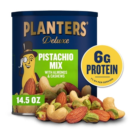 Planters Salted Pistachio Deluxe Mixed Nuts, with Pistachios, Almonds, Cashews. 6g Protein (7% DV) per serving, Gluten Free Snack, 14.5 oz Can