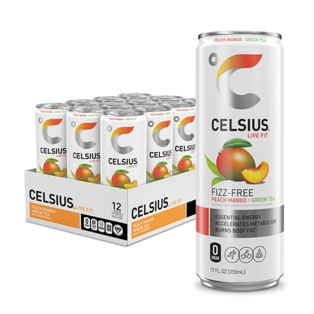 CELSIUS Fizz Free Peach Mango Green Tea, Functional Energy Drink 12 fl oz (Pack of 12)