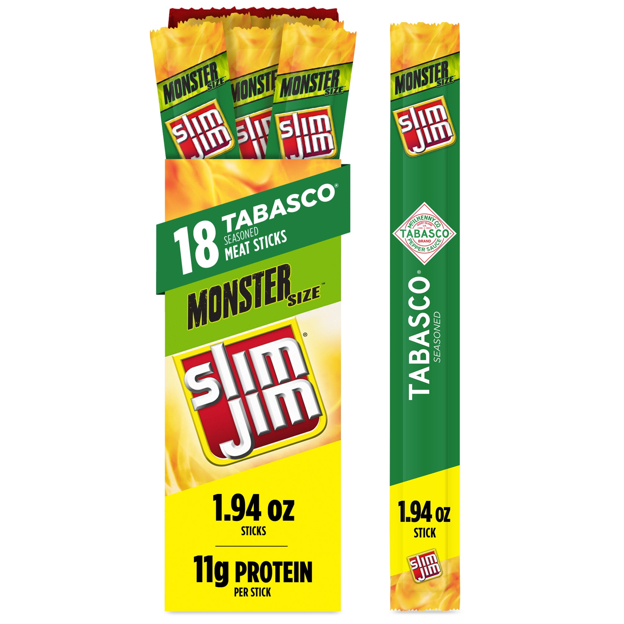 Slim Jim Monster Smoked Meat Sticks, Tabasco Flavor, 11g Protein Per Stick, 1.94 oz. (18-Count)