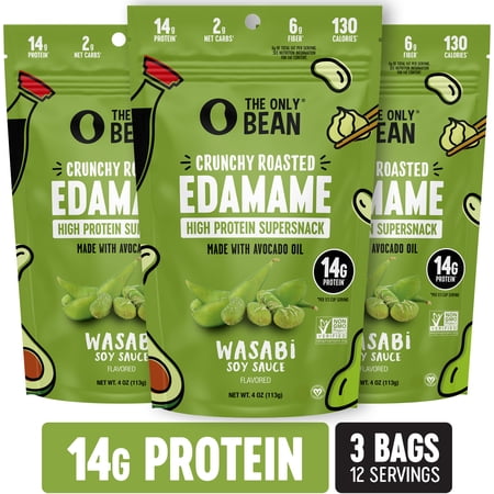 The Only Bean Edamame Dry Roasted Edamame Beans Snack (Wasabi Soy Sauce), Wasabi Peas Alternative, Asian Japanese Snacks, Healthy High Protein Snacks, Low Carb, Gluten Free, 4oz (Pack of 3)