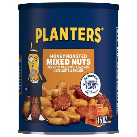 PLANTERS Honey Roasted Mixed Nuts, Party Snacks, Plant-Based Protein, 15 oz Steel Can