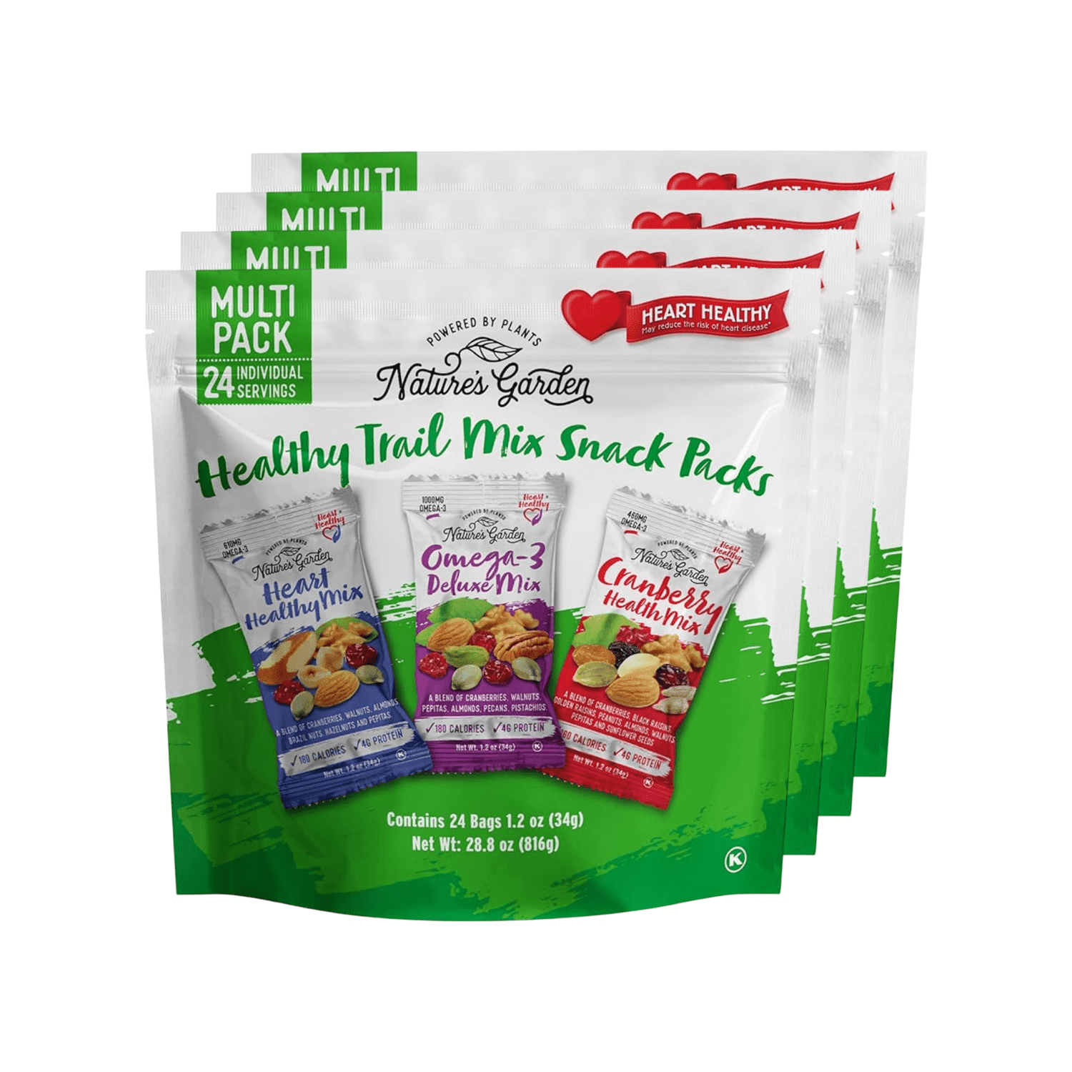 Nature's Garden Healthy Trail Mix Snack Pack 28.8oz (1.2oz x 24) - Pack of 4 - Heart Healthy, Plant-Based, Gluten-Free Nut & Fruit Blend with Cranberries - Daily Snack for Adults & Kids