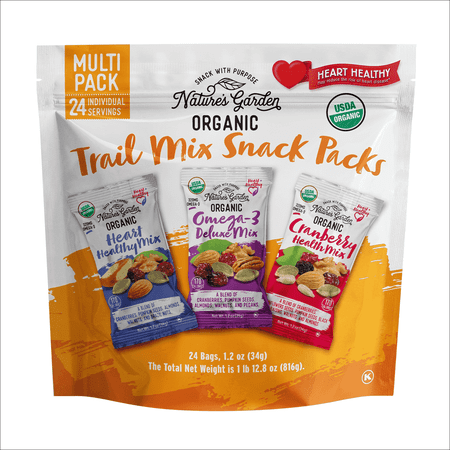 Nature's Garden Organic Trail Mix Snack Packs 28.8 oz (24 Individual 1.2 oz Bags) - Heart Healthy, Omega-3 Deluxe, Cranberry Health Mix - USDA Organic, Kosher, Plant-Based Energy Snack for Adu