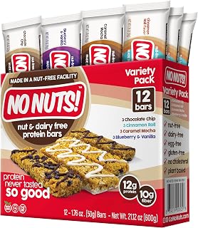 No Nuts! Protein Bar Variety Pack - 12 Count | Nut-Free & School-Safe | Chocolate Chip, Caramel Mocha, Cinnamon Roll & Blueberry Vanilla | Dairy-Free, Vegan, Non-GMO, Organic, Kosher