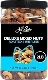 Jaybee's Unsalted Mixed Nuts, Gourmet Roasted Deluxe Mix, 32 oz | Healthy blend of roasted brazil nuts, cashews, almonds, pecans, filberts (hazelnuts). No Peanuts, Kosher, Keto Friendly