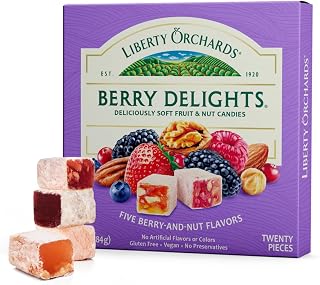 Liberty Orchards Berry Delights - Assorted Vegan Berry Snack, Gluten Free, Lokum with Nuts Strawberry, Blueberry Walnut Turkish Delight Candy Gift Box 10 Oz