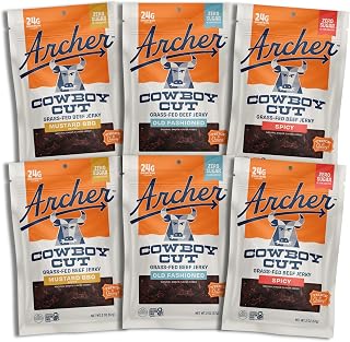 Archer Jerky Cowboy Cut Beef Jerky Variety Pack, Gluten Free - 2 Oz, 6 Pack | Old Fashioned, Mustard BBQ, Spicy Flavors, Protein Snack Packs, Meat Snack Assortment, Grass-Fed Beef, Paleo