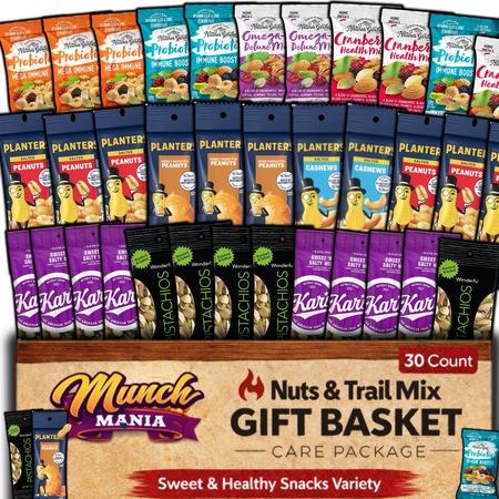 Gift Basket Trail Mix Snacks Variety Pack for Adults, 30 Pack of Healthy Snacks for Adults | Individually Wrapped Bulk Nuts Snack Packs, Individual Heart Healthy Office Nut Mix Box | Assorted Peanuts