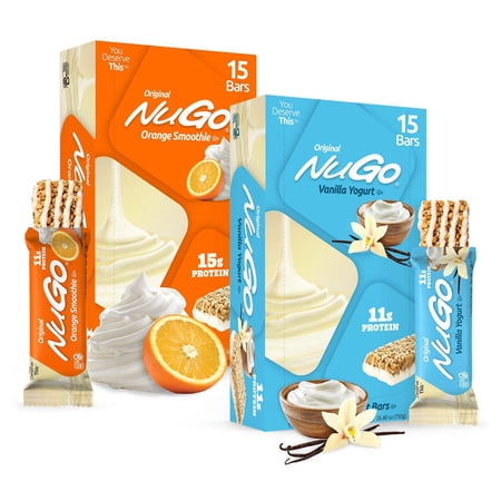 NuGo Original Variety, Vanilla Yogurt 15 bars Orange Smoothie 15 bars, 11g Protein, Gluten Free, 30 Count