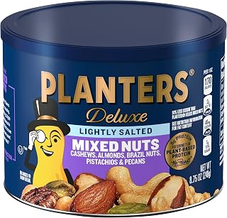 PLANTERS Deluxe Lightly Salted Mixed Nuts, Plant Based Protein, 8.75 Oz | Mixed Nuts: Almonds, Cashews, Brazil Nuts, Pistachios, Pecans. Snacks for Adults. Resealable Canister. Party Snack