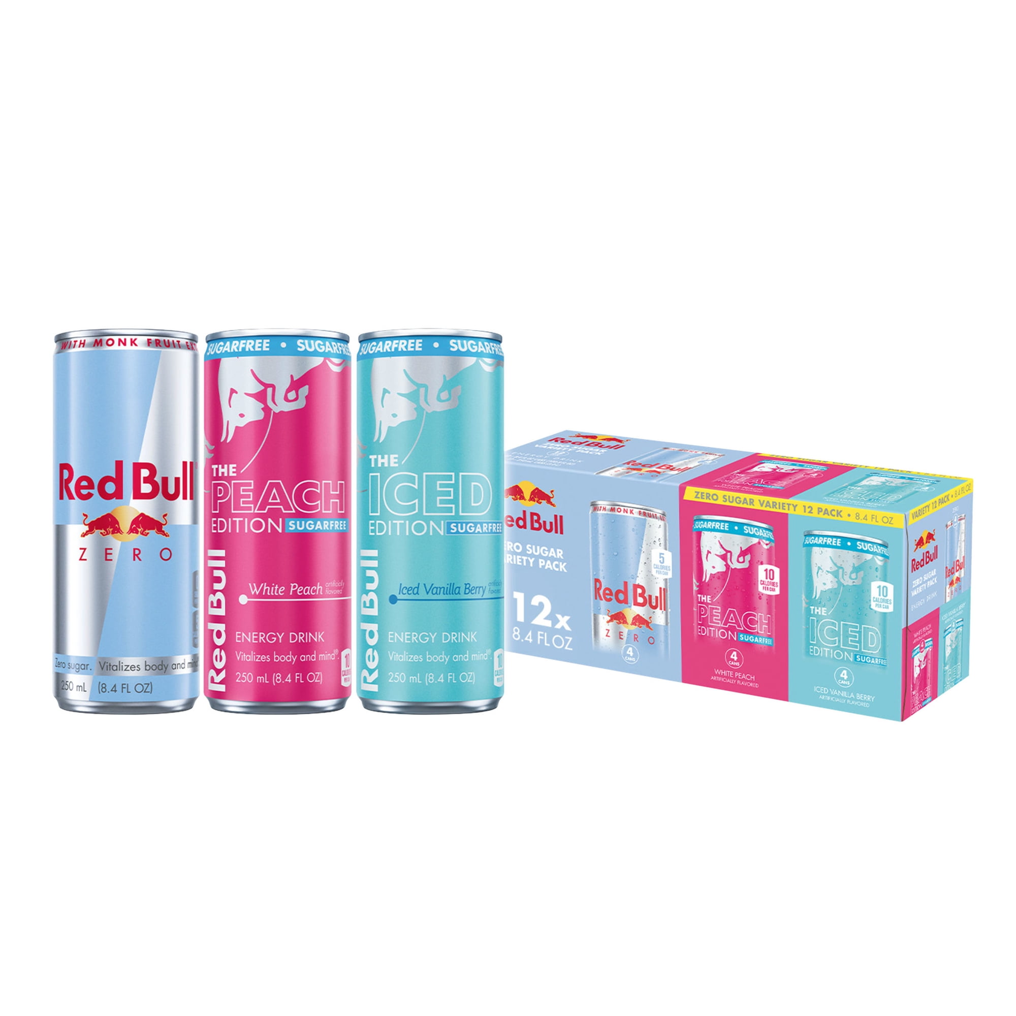 Red Bull Energy Drink SugarFree Variety Pack, Zero, Peach, Iced Vanilla Berry
