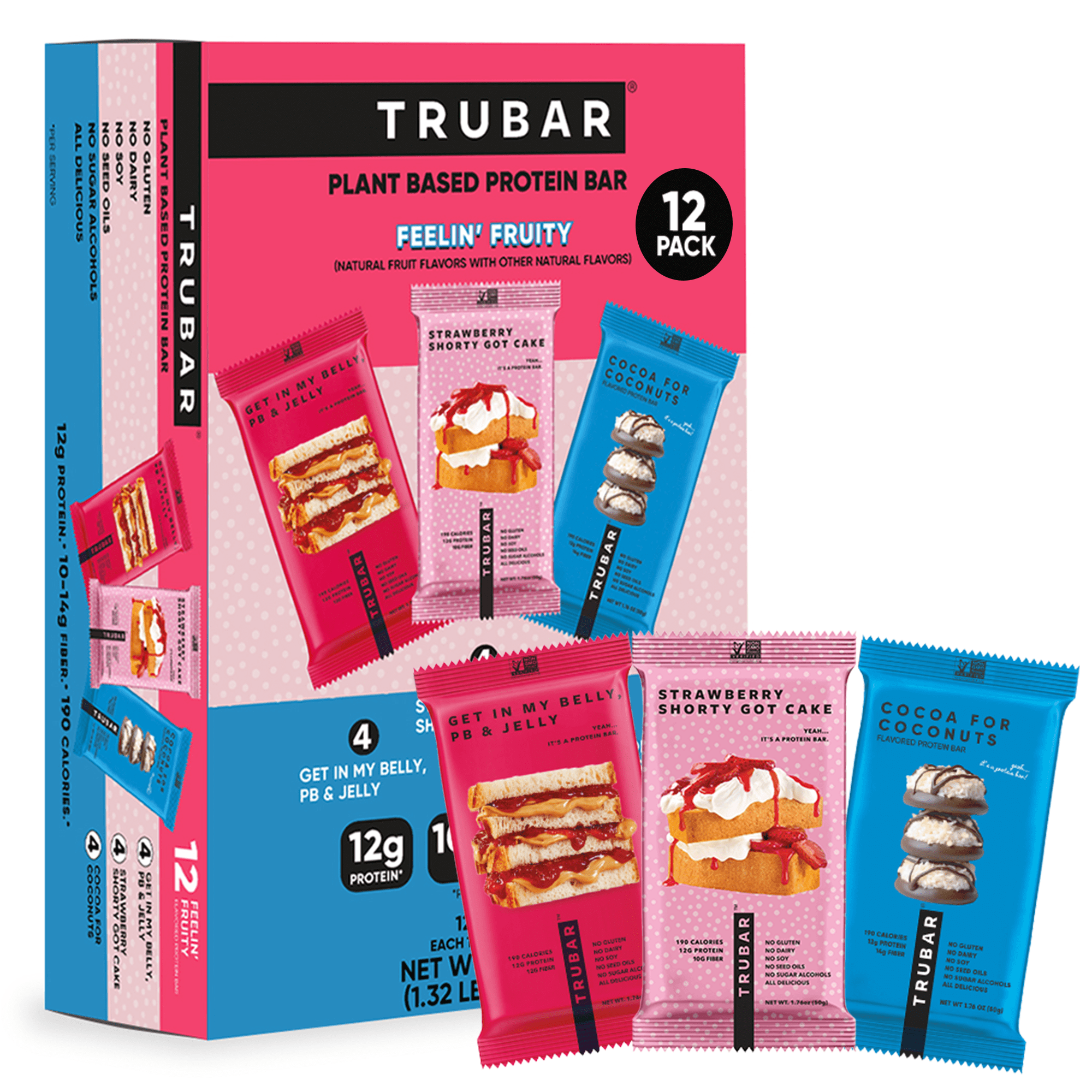 TRUBAR Protein Bar, Feelin' Fruity Variety Pack, Plant Based Protein, Vegan, Gluten Free, Kosher, 12 Count