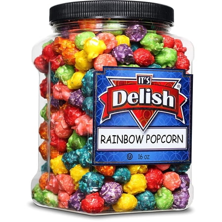 Gourmet Rainbow Colored Popcorn by It's Delish, 16 Oz Jumbo Container Bulk Colorful Popcorn Snack - Fruity Flavored Air Popped Corn Fun Confetti Birthday Party, Events Gluten Free, Vegan, Kosher