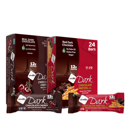 NuGo Dark Variety - Pretzel w/ Sea Salt 12 bars & New! Cherry with Sea Salt 12 bars, 12g Vegan Protein, 200 Calorie, Gluten Free, 24 count
