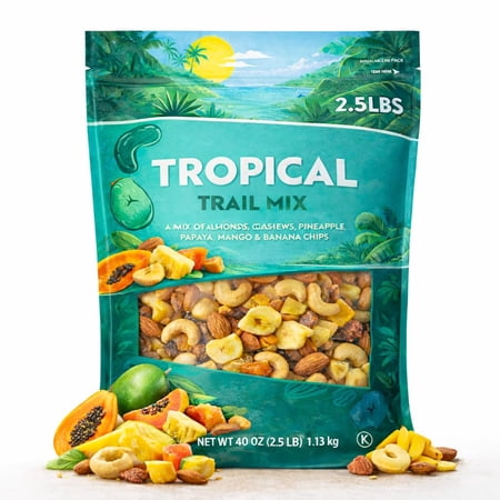 Tropical Trail Mix Nuts Dried Fruit Blend 40 oz Snack Bag Almond Cashew Mango Pineapple Papaya Banana Chips Healthy Treat Lunchbox Office Travel Gift