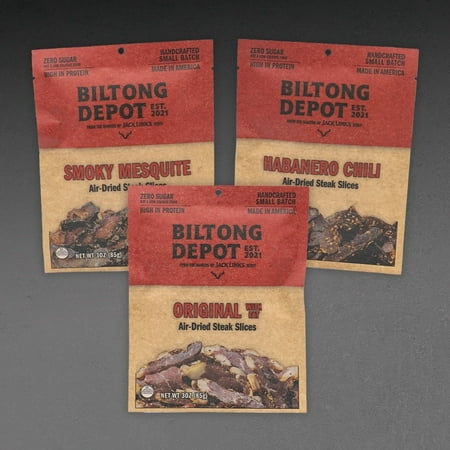 Biltong Depot Steak Slices Variety Pack (3oz, pack of 3): High Protein Snacks, No Sugar, Natural Dried Beef Jerky