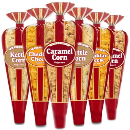 Gourmet Popcorn Premium Classic 6 Pack of Mini Cones with Caramel, Cheddar Cheese, Kettle Corn and Exclusive Inspirational Sticker