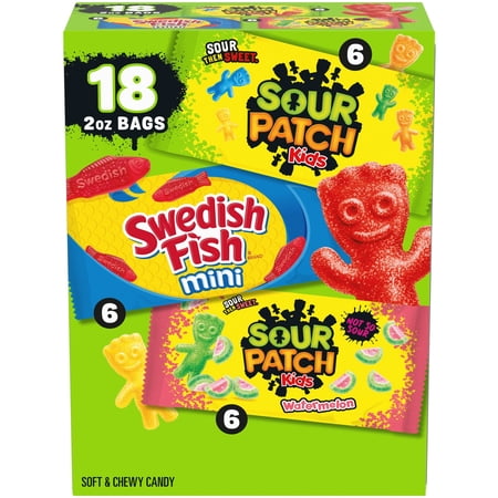SOUR PATCH KIDS and SWEDISH FISH Mini Soft & Chewy Gummy Candy Variety Pack, Bulk Candy, 18 Bags