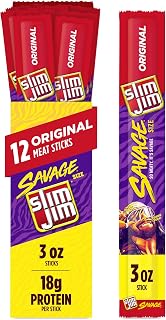 Slim Jim Savage Smoked Jerky Sticks, Original Flavor, 3.0 oz., 12-ct | Good source of protein, 6g per stick; Original flavor; great for on-the-go work & school snacks; perfect for road trips