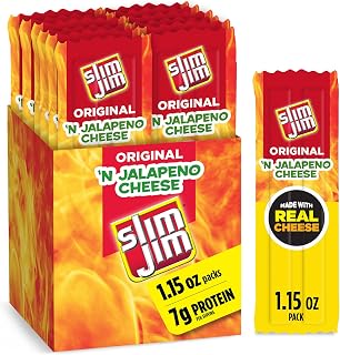 Slim Jim Meat Jerky Sticks & Jalapeno Cheese, 1.15 oz., 14-ct | Good source of protein, 7g per serving; Jalapeno flavor; made with real cheese; great on-the-go snack for road trip & lunches