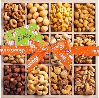 NUT CRAVINGS Gourmet Collection (12 Assortments) Happy Birthday Treats | Nuts Gift Basket with Bday Ribbon in Reusable Wooden Tray, Food Arrangement, Healthy Snack Care Package, Food Assortments