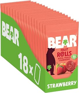 BEAR Fruit Rolls Strawberry 20g (Pack of 18) - Made with Real Fruit | Made with real fruit, no added sugar, good source of fiber - perfect healthy snack for lunchboxes and on-the-go