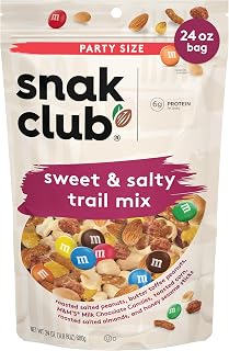 Snak Club Sweet and Salty Trail Mix with Peanuts, Butter Toffee Peanuts, M&M'S Chocolate Candies, Toasted Corn, Honey Sesame Sticks, and Almonds, Kosher Snack, 24 oz Resealable Bag