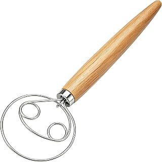Danish Dough Whisk Stainless Steel Wood Handle for Sourdough Bread | Food-Grade 304, 2-Eye Coil Design, Hook Spoon Hand Mixer Alternative, Lump-Free, Dishwasher Safe, Ergonomic Non-Slip Grip