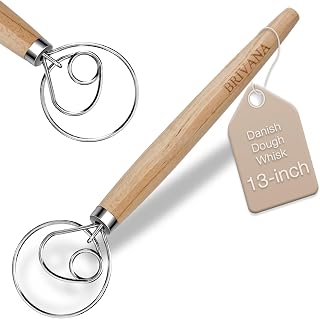 Danish Dough Whisk for Sourdough Bread, 13-Inch Bread Whisk with Wooden Handle, Stainless Steel Single Loop Dough Mixer and Sourdough Whisk for Bread Making, Pizza Dough, Batter and Pastry