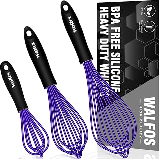 Walfos Whisk,7+9+11in Silicone Whisks for Cooking Non Scatch,Kitchen Whisk,BPA Free and Heat Resistant 480&deg;F,Whisks Perfect for Frothing,Blending,Beating.Dishwasher Safe 3pcs Dark Purple