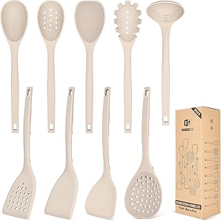 BUNDLEPRO Silicone Cooking Utensils Set, 9 Pcs Kitchen Utensils, One-Piece | Khaki, BPA-Free, Heat Resistant kitchen Tools with Back Hooks Include Spatulas, Spoons, Skimmer and Pasta Fork