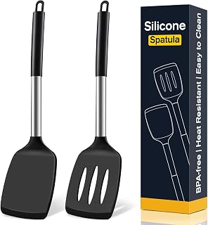 2 Pack Silicone Spatula Set, Solid & Slotted Turner for Non-Stick Pans | Dishwasher Safe, BPA-Free Silicone Cooking Utensils for Fish, Eggs, Pancakes, High Heat Resistant, Black