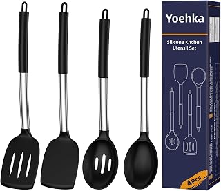 Yoehka Silicone Cooking Utensils Set, 4Pcs Spatula and Spoon Set, Black | For Non-stick Cookware, Heat Resistant 446&deg;F (232&deg;C), Stainless Steel Handle, Food Grade
