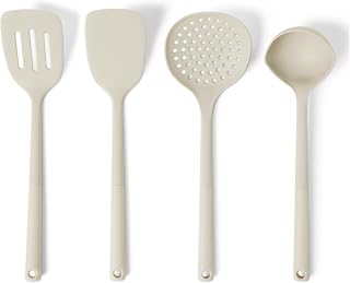 Amazon Basics Silicone Cooking Spoon, Ladle and Spatula Set, 4-Piece, Slotted, Soft Grip Handle, BPA-Free, Dishwasher-Safe, Linen Gray