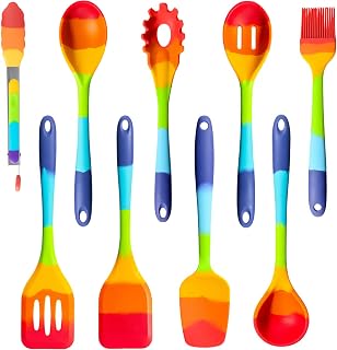 9-Piece Rainbow Silicone Spatula Set with Tongs &ndash; Multicolor Heat-Resistant Cooking Utensils for Nonstick Cookware &ndash; Flexible Turner, Spoon, Spatula, Brush, FDA Safe