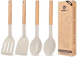 BUNDLEPRO Silicone Cooking Utensils Set, 4 Pcs Spatula and Spoon Set, Khaki | Non-Stick, Heat Resistant, Wooden Handle Kitchen Utensils for Mixing, Serving, Turning, Stirring