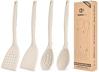 BUNDLEPRO Silicone Cooking Utensils Set, 4 Pcs Spatula and Spoon Set, Khaki | One-Piece, Non-Stick, Heat Resistant Kitchen Utensils with Back Hooks for Frying, Serving, Turning, Stirring