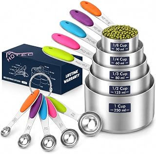HOTEC 10-Pack Measuring Cups & Spoons Set, Multicolor | Stainless Steel with Silicone Handle, Cooking Baking, Heavy Duty & Dishwasher Safe, For Dry and Liquid Ingredients