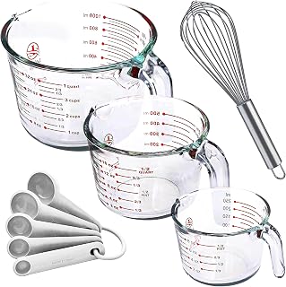 Le'raze Set of 3 Glass Measuring Cups with Measuring Spoons & Whisk - Kitchen Mixing Bowl Liquid Measure Cup, Glass Bakeware. 1 cup, 2 cup, 4 cup., Multi Size, Clear