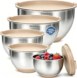 Deedro Mixing Bowls with Airtight Lids, Stainless Steel Mixing Bowls Set | 22Pcs Nesting Bowls with Non-Slip Silicone Base, thicker Metal Bowls for Baking & Prepping, 1.5/2/3/4/5 QT, Khaki