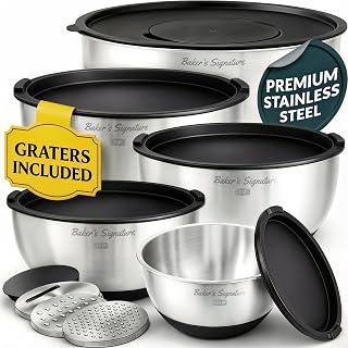 Stainless Steel Mixing Bowls with Lids Set of 5, 3 Graters, Black | Nesting Design with Airtight Covers & Non-Slip Base &ndash; Mirror Finish for Food Prep, Storage, Baking & Serving