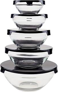 Glass Mixing Bowls with Lids Set - 10-Piece-Set with Multiple Bowl Sizes for Kitchen Storage, Meal Prep, Mixing, and Serving (Black)