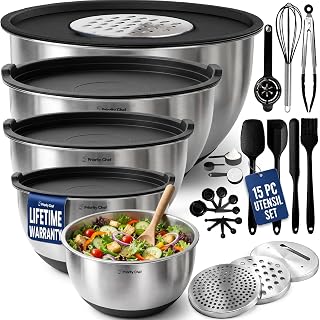 28pc Stainless Steel Mixing Bowls with Lids Set, 1.5-5 Qt, Black | 5 Non-Slip Bowls with Measurement Marks, 5 Airtight Lids, 3 Graters, 15-Piece Utensil Set; For Meal Prep, Baking, Storage