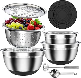 Stainless Steel Mixing Bowls Set with Lids & Silicone Base,7‑Piece Set | Including 4 Nesting Bowls (1.5, 2, 2.5, 4.5 QT), Colander, Grater, Egg Separator, Dishwasher Safe, Black
