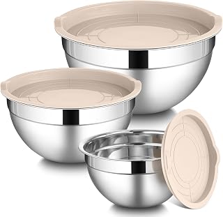LIANYU Mixing Bowls with Lids Set, 3 Packs Stainless Steel Metal Bowls | Ideal for Prepping, Cooking, Storage, Serving, Freezer & Dishwasher Safe, 1.5QT & 3QT & 4.6QT, Khaki