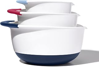 OXO Good Grips Plastic 3-Piece Mixing Bowl Set, 1.5, 3 & 5 qt, Blueberry | Kitchen Essentials, Housewarming Gifts, Wide Spouts, Non-Slip Base, Ideal for Mixing and Baking, Dishwasher Safe